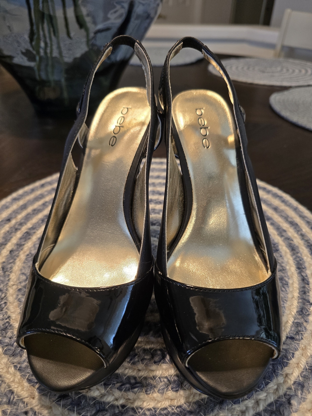 bebe Black Patent Peep-Toe Slingback Heels